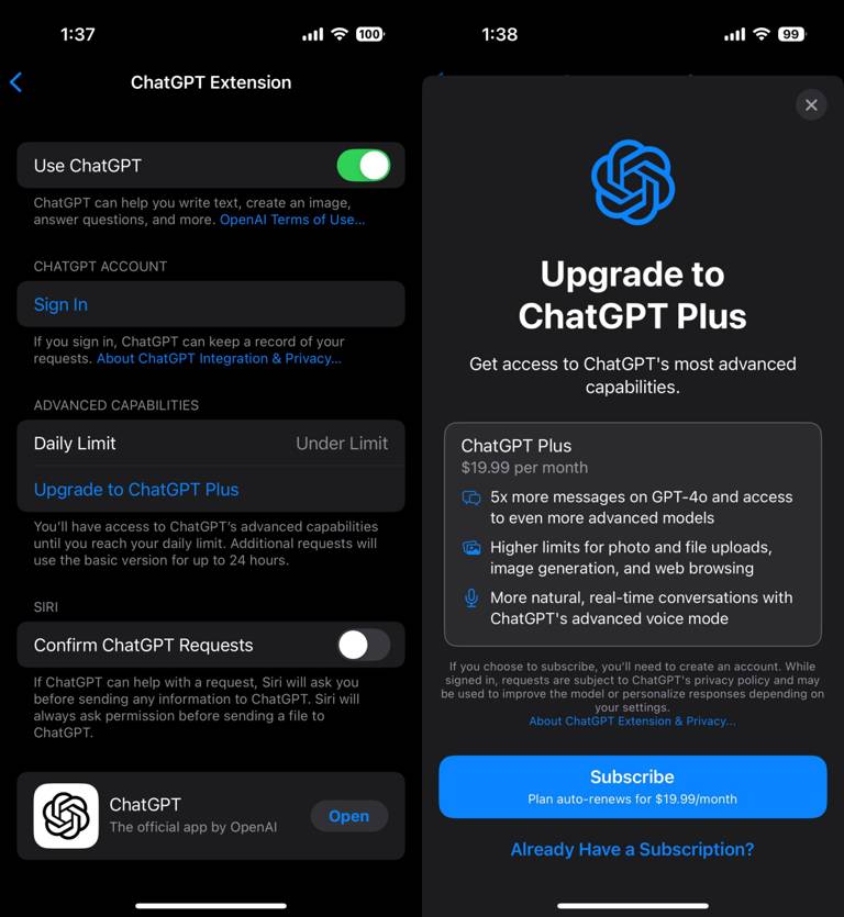 iOS 18.2 Beta 2新功能：ChatGPT限额查看，助力Plus会员订阅