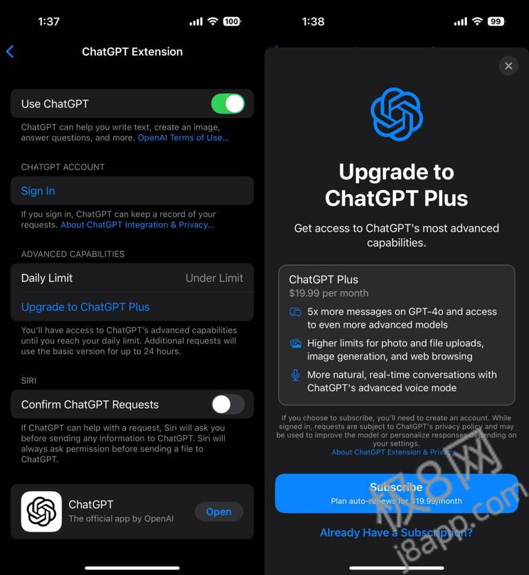 #人工智能 苹果在 iOS 18.2 Beta 2 设置中新增 ChatGPT 限额查看，引导用户开通 19.99 美元 / 月的 ChatGPT Plus 订阅会员。这是苹果与 OpenAI 的交易之一，苹果不直接向 OpenAI 付费而是集成并引导用户自己开通订阅会员，开通后每日配额更高可以使用的次数也更多，反之不开通会员达到每日配额后 Siri 都无法查询复杂问题。